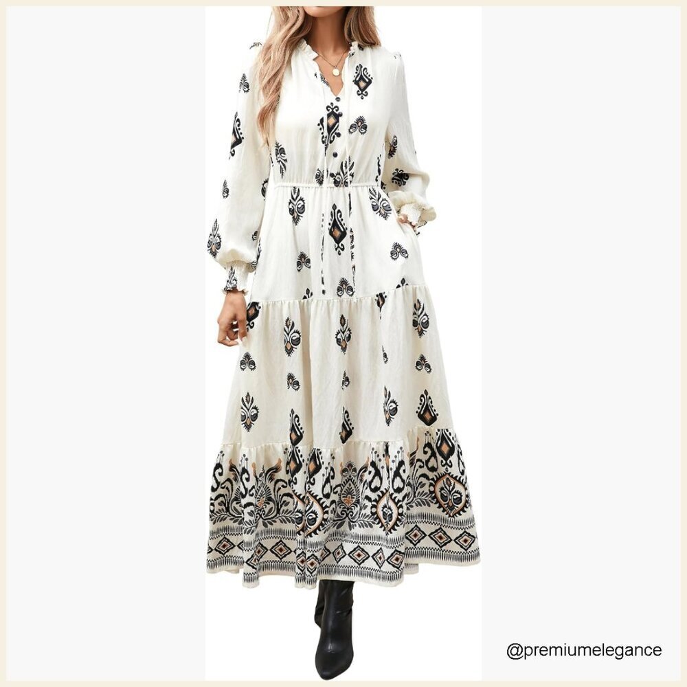 Long Sleeve V Neck Maxi Dress with Pockets Front Tie Flowy Boho